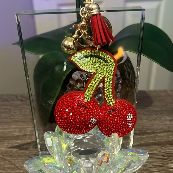 Red Rhinestone Cherry Keychain Or Purse Charm with Green And Gold Accents, New - Picture 1 of 3